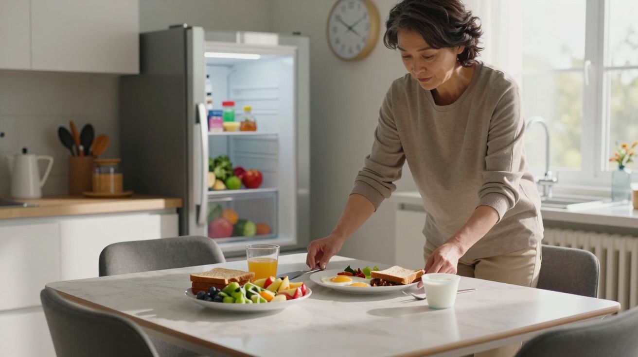 Woman setting a table with breakfast, including fruit and juice, in a bright kitchen with an open fridge nearby.