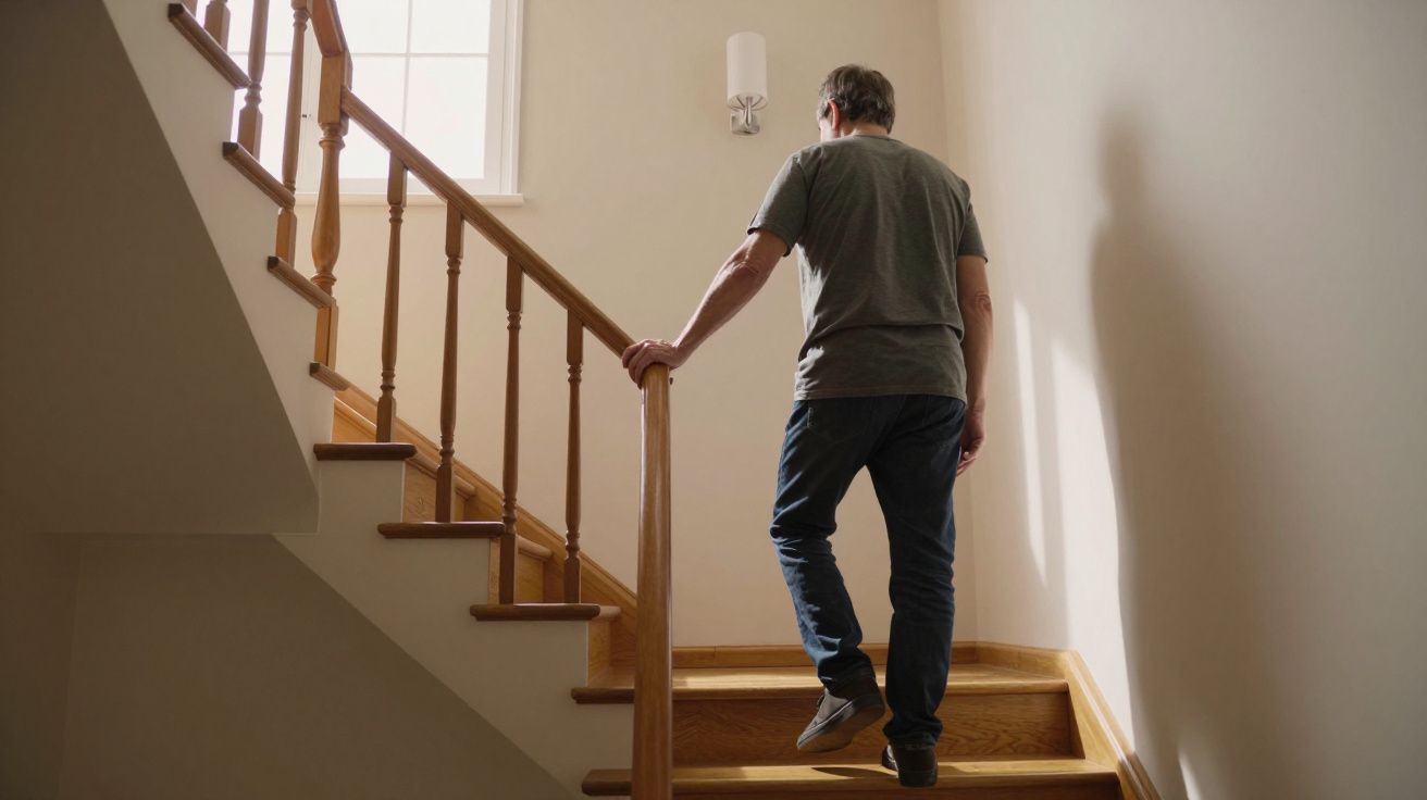 Man walking up wooden staircase in a sunlit hallway, casting a shadow on the wall.