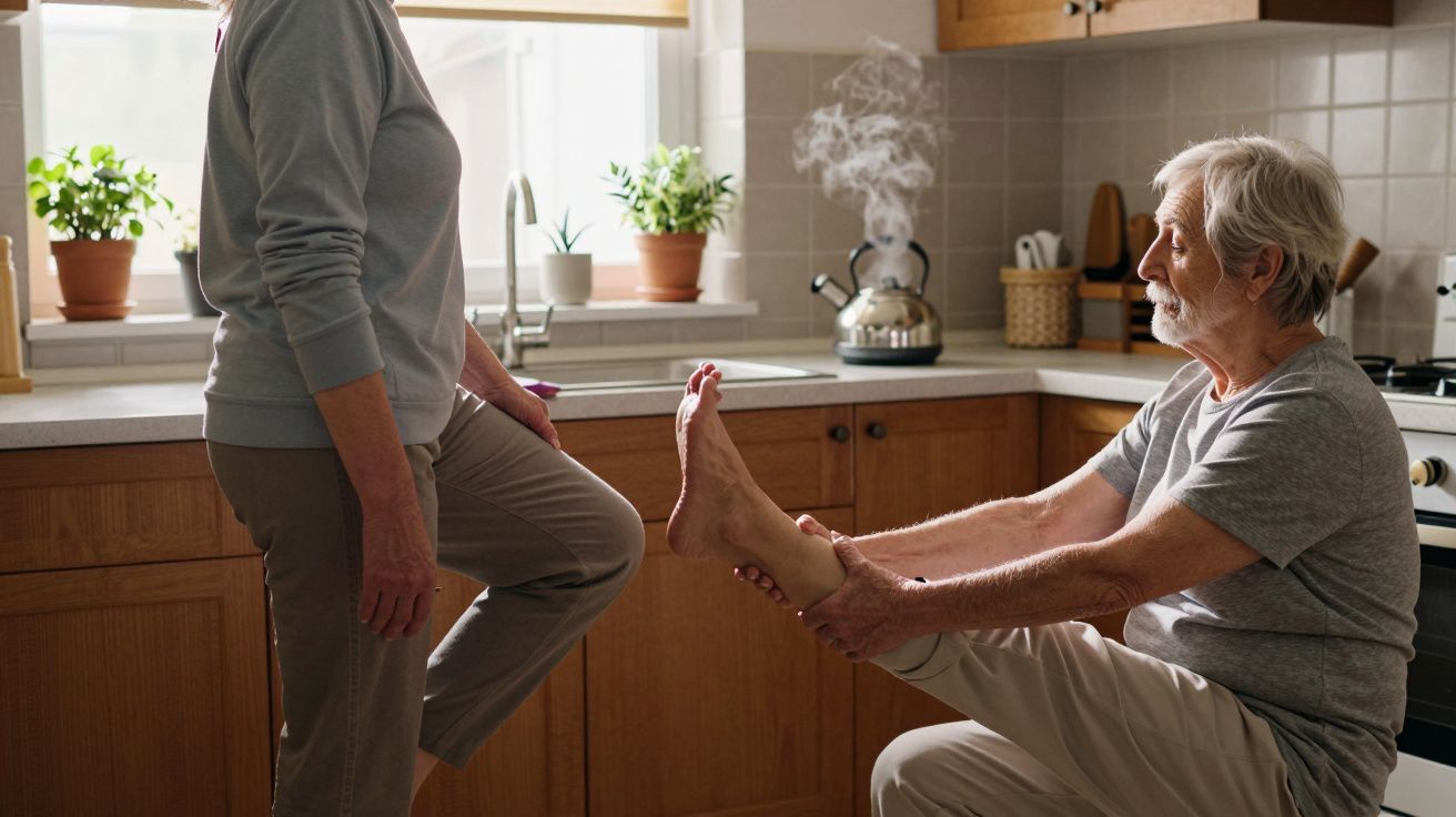 Older couple in kitchen, man gently holding and massaging woman's foot, kettle steaming in background.