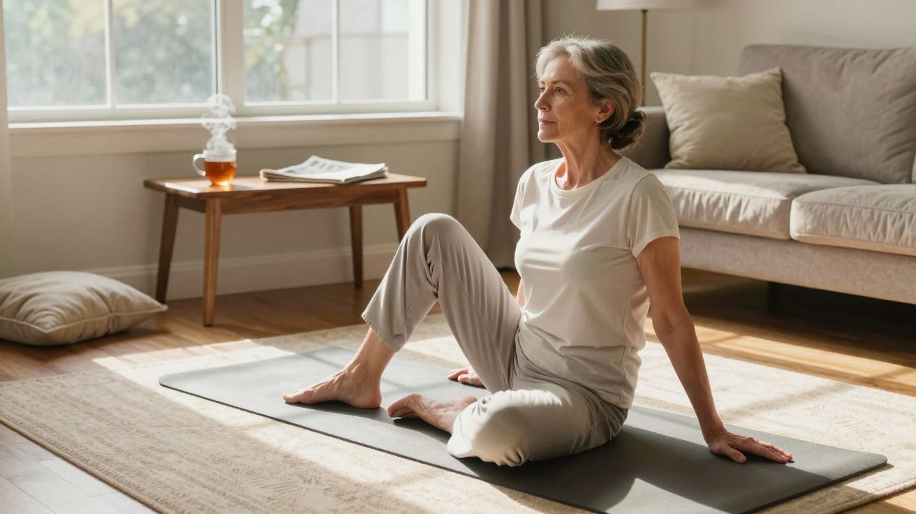 Elderly woman practising yoga on a mat in a cosy living room with soft lighting.