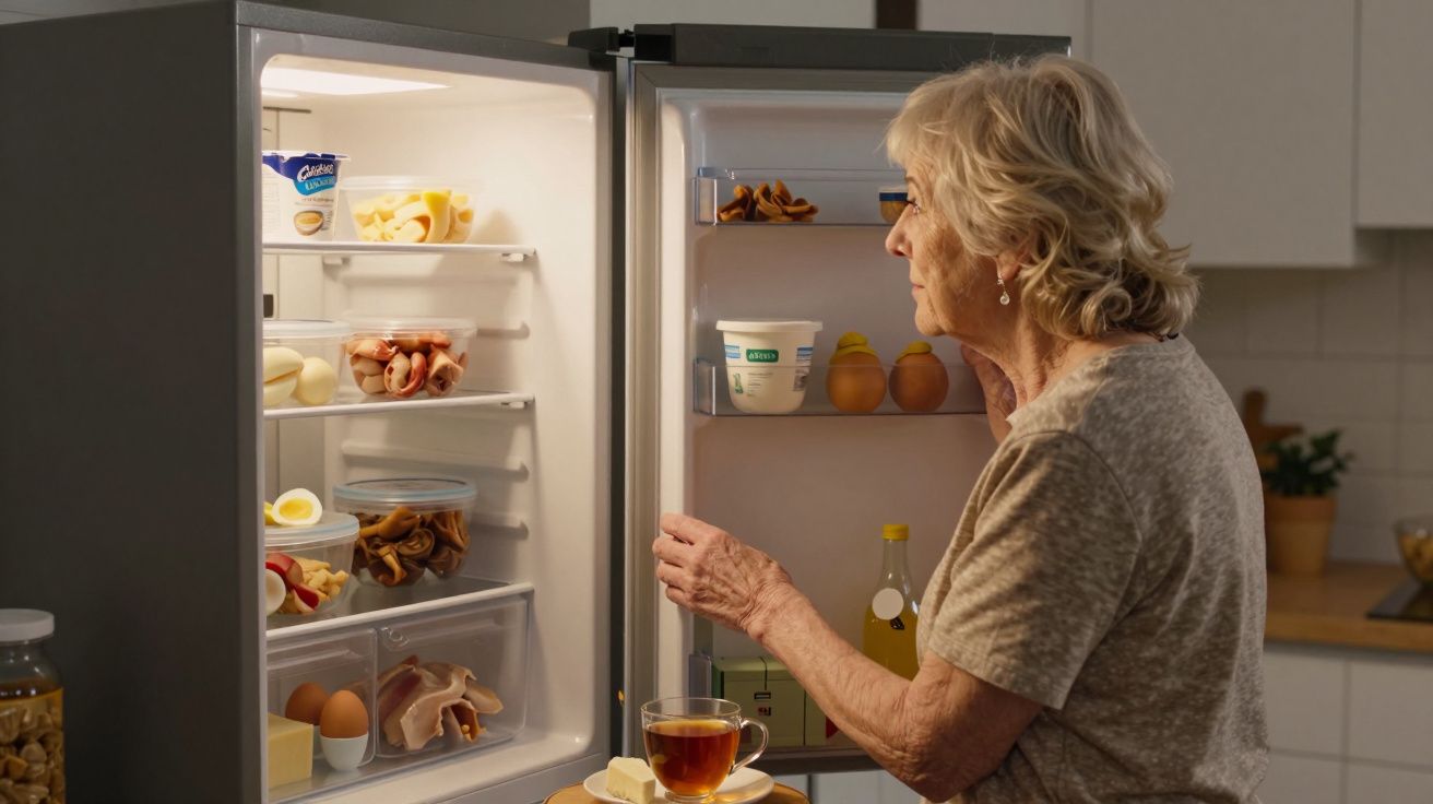 Elderly woman looking into an open fridge with various food items, holding a cup of tea in a kitchen.