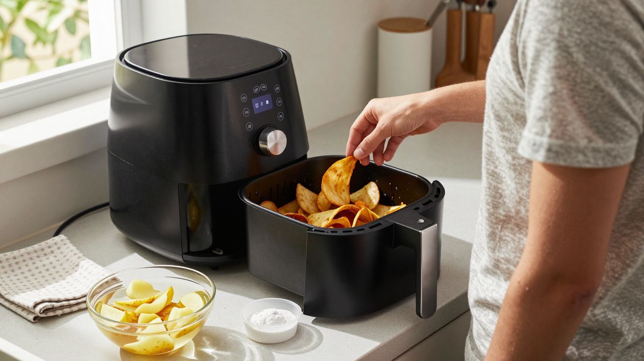 Person using an air fryer to cook sliced potatoes on a kitchen counter near a window.