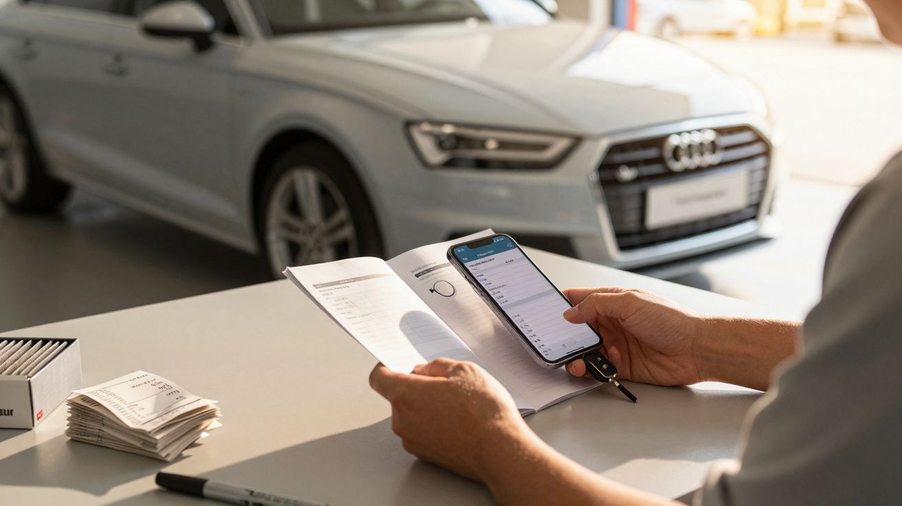 Person holding a smartphone and a manual, sitting near a parked silver car in a well-lit garage.