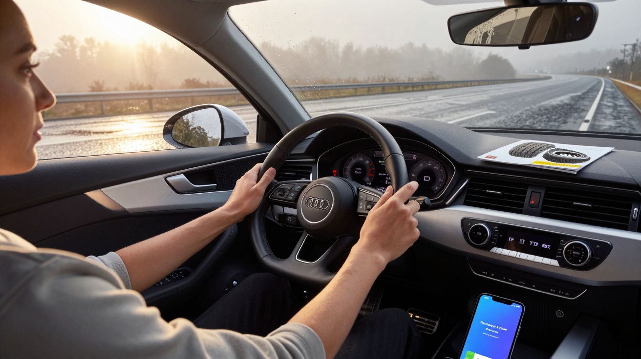 Person driving an Audi on a wet road, holding the steering wheel, dashboard visible, smartphone docking at the centre console