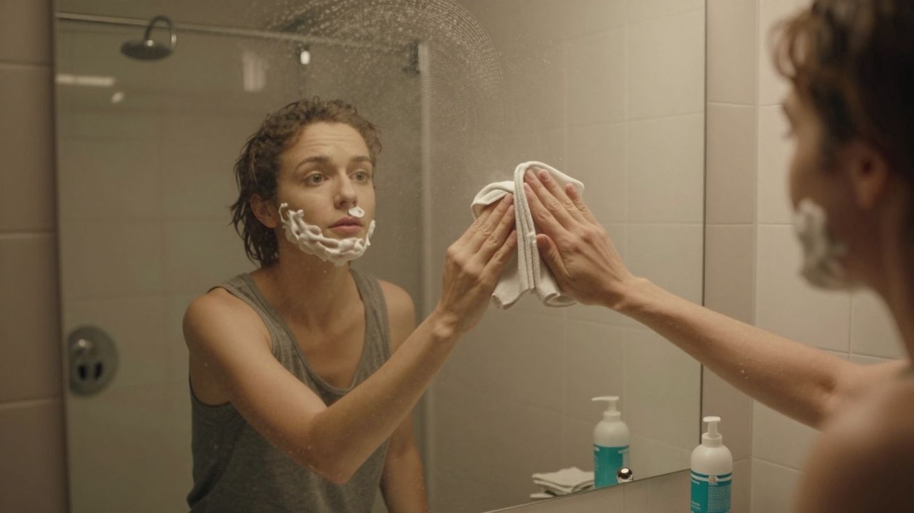 Person with shaving cream on face cleaning a bathroom mirror.
