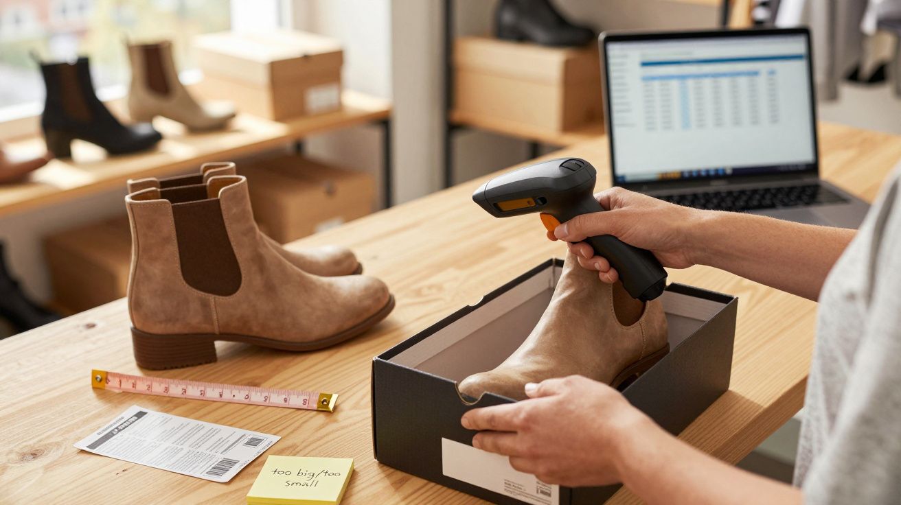 Person scanning a tan boot with a barcode scanner at a desk with a laptop, measuring tape, and shoe box.