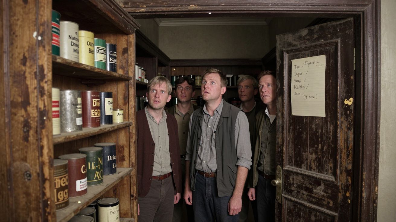Five men in a dim pantry, gazing up at shelves stocked with old tins and jars.