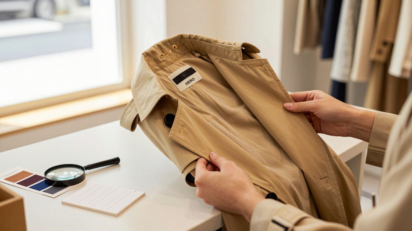 Person examining a beige trench coat with a label, near a table with fabric swatches and a magnifying glass.