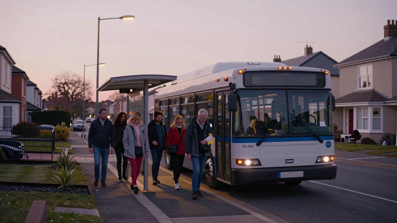 Group of people walking from a bus at a suburban bus stop during sunset.