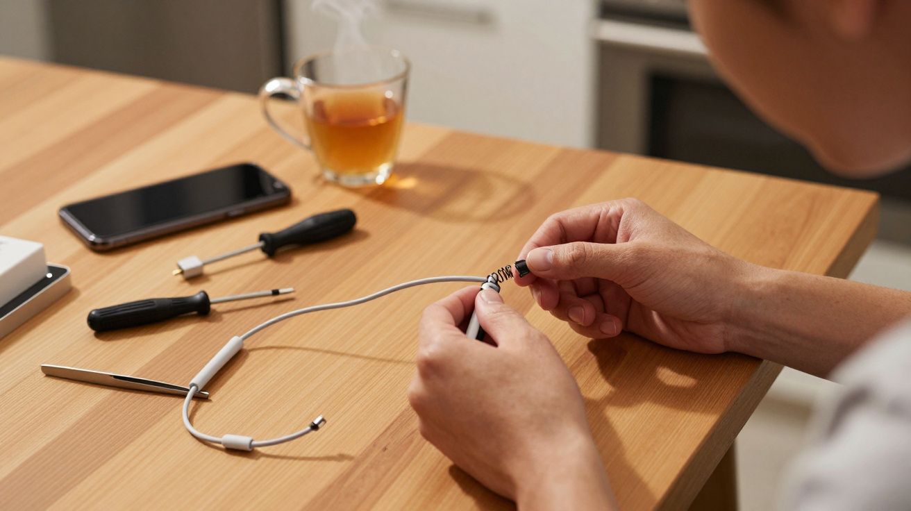 Person repairing earphones at a wooden table with tools, smartphone, and a cup of tea nearby.