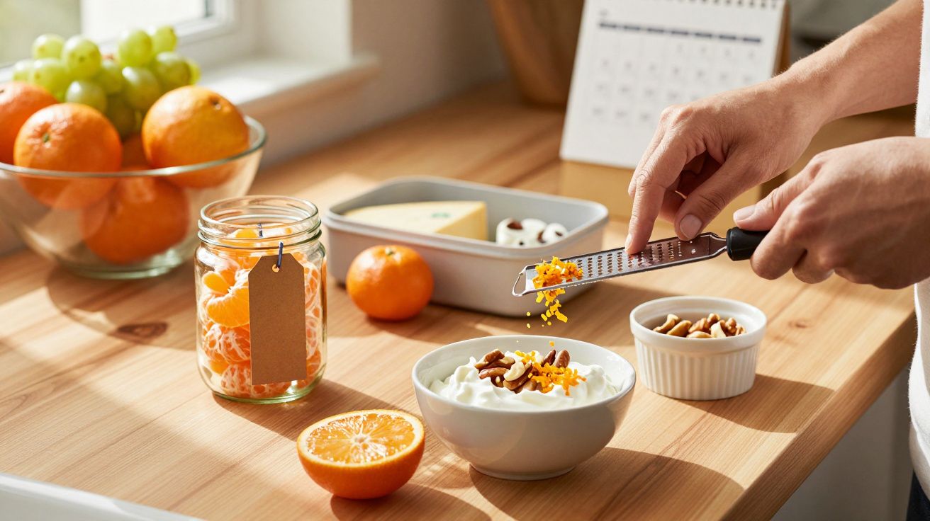 Person grating orange zest over yoghurt with nuts on wooden counter, surrounded by fruits and a cheese board.