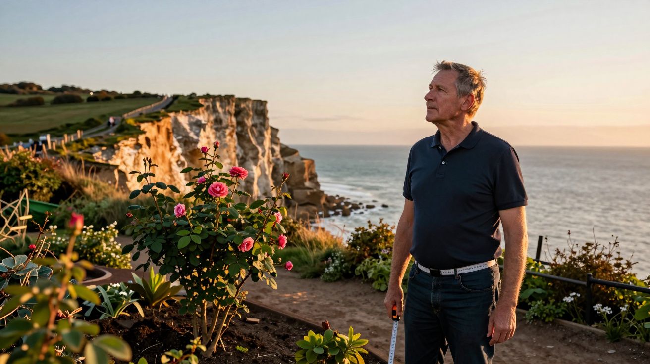 Man standing beside a blooming rose bush, overlooking sea cliffs at sunset, with ocean and sky in the background.