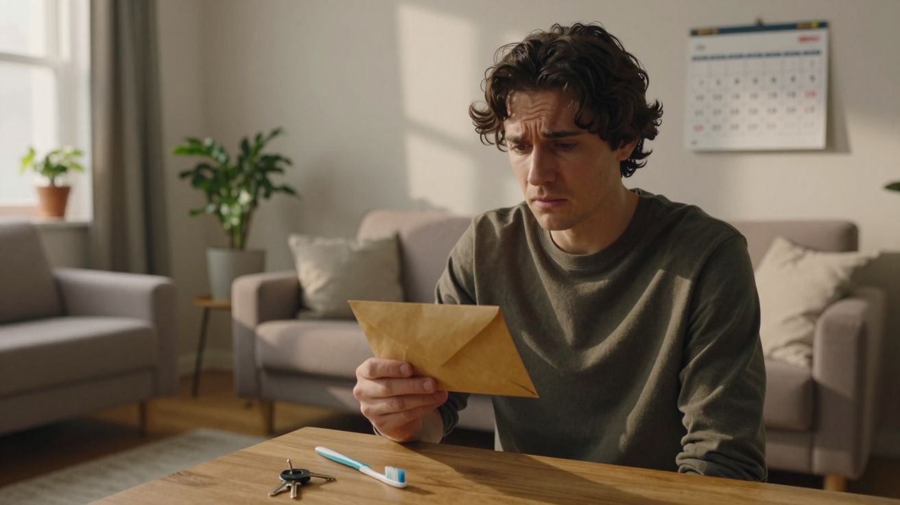 A man looks concerned while reading a letter at a table in a sunny living room.