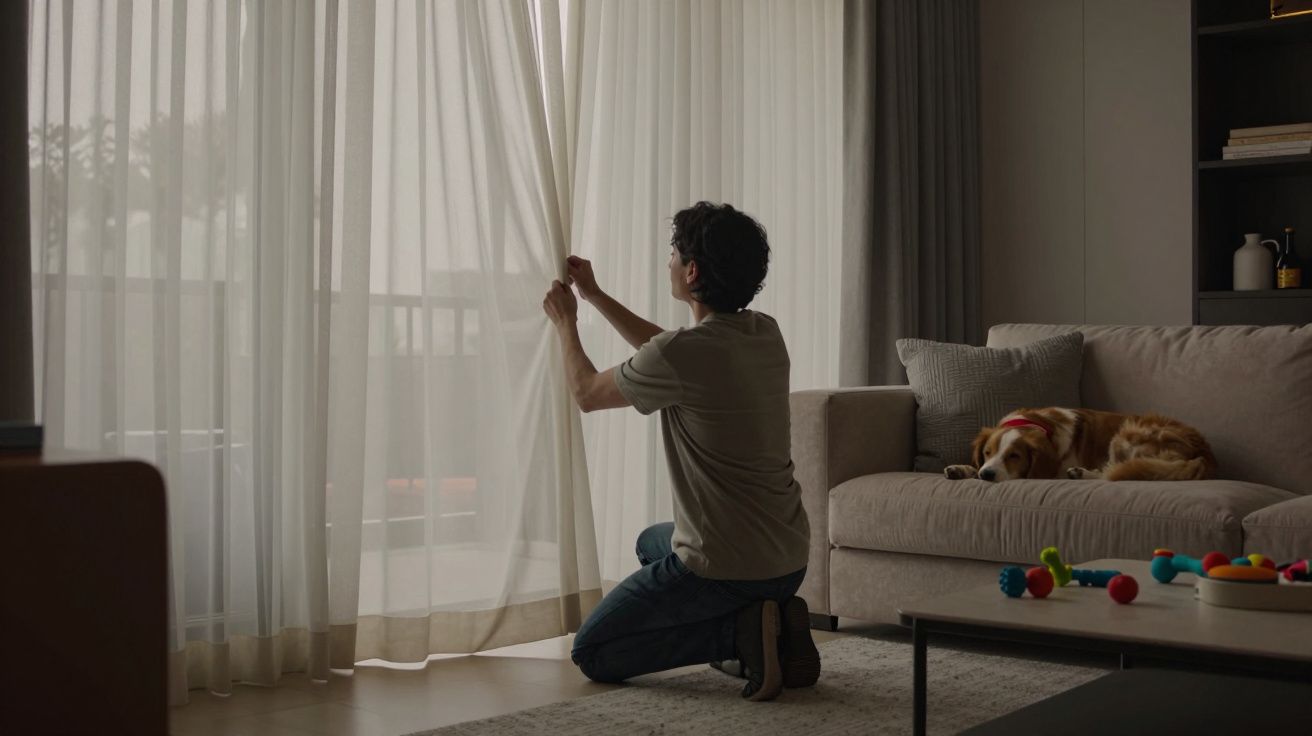 Man kneeling, adjusting curtain in cosy living room, dog sleeping on sofa, colourful toys scattered on floor.