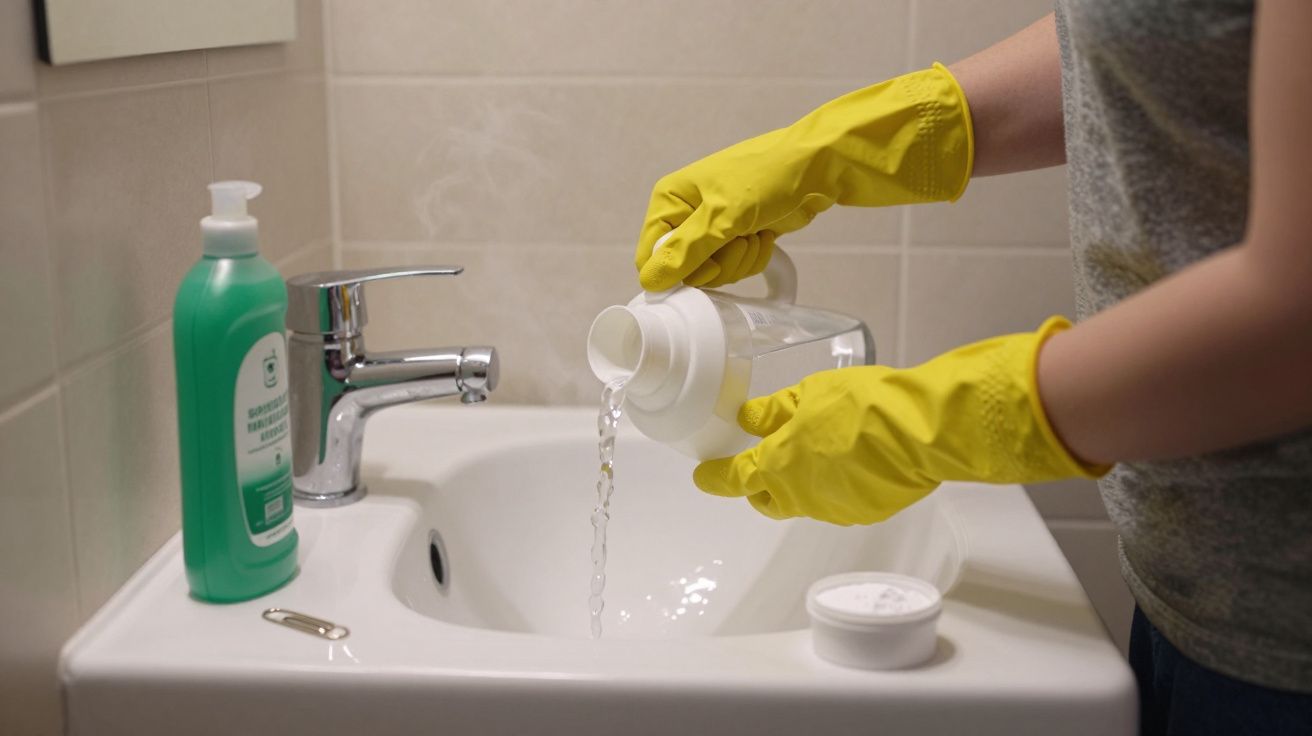 Person in yellow gloves pouring hot water into a sink beside green hand soap bottle in tiled bathroom.