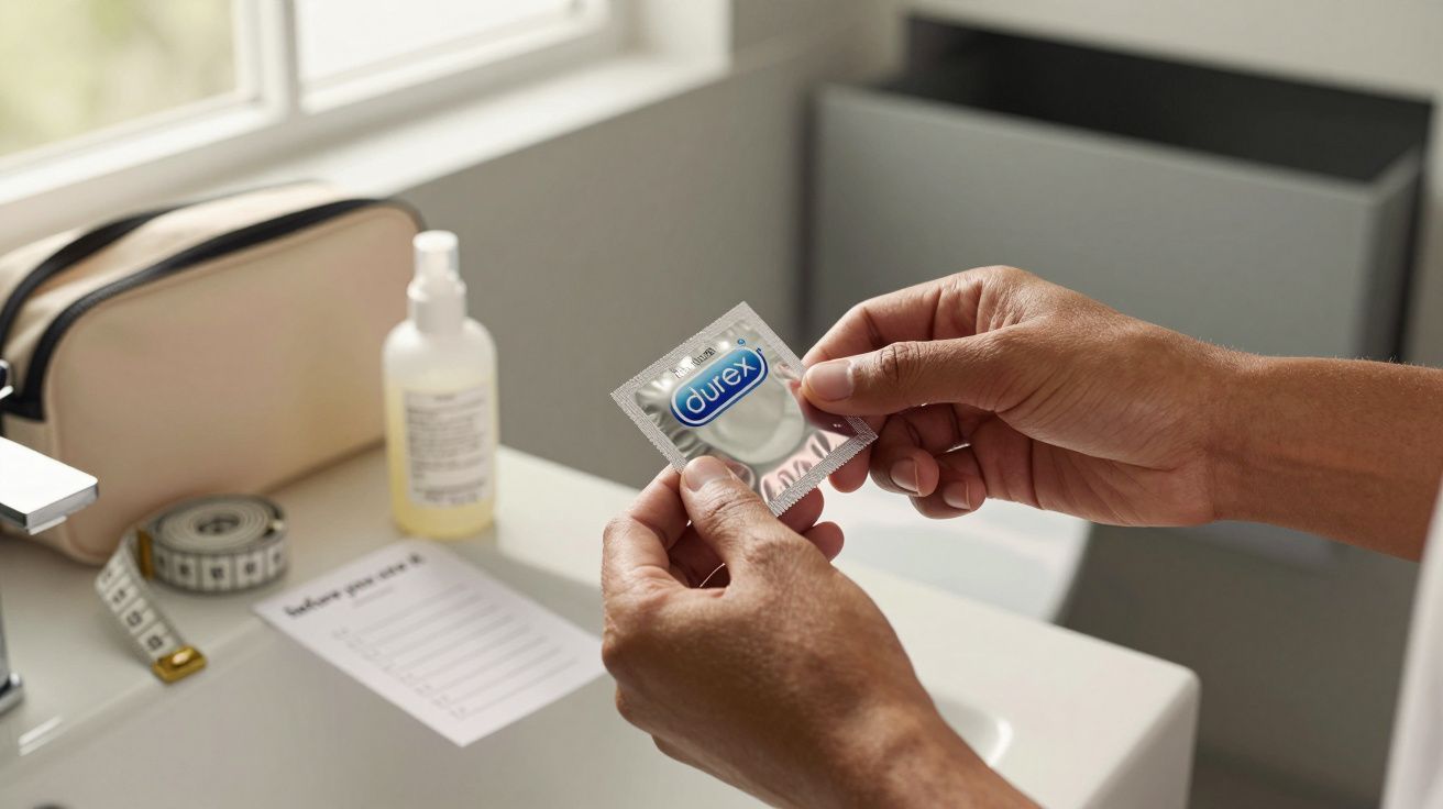Person holding a Durex condom packet in a bathroom, with toiletries and a to-do list on the counter.