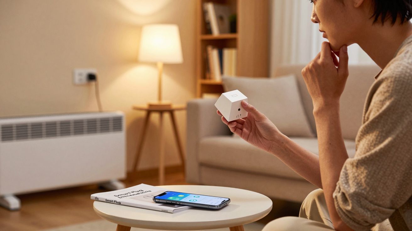 A person sits on a sofa holding a plug adapter, with a mobile phone displaying an app on a small table in a cosy room.