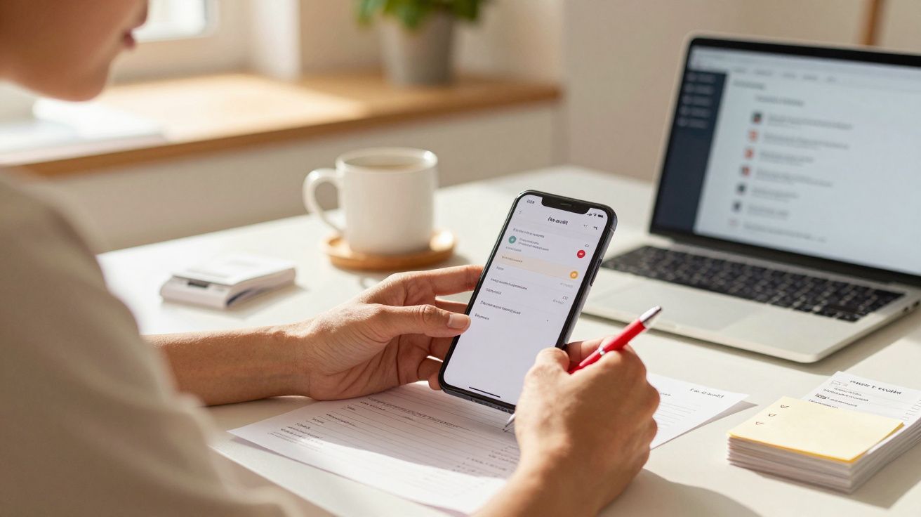 Person holding smartphone, writing with a pen on paper, next to a laptop.