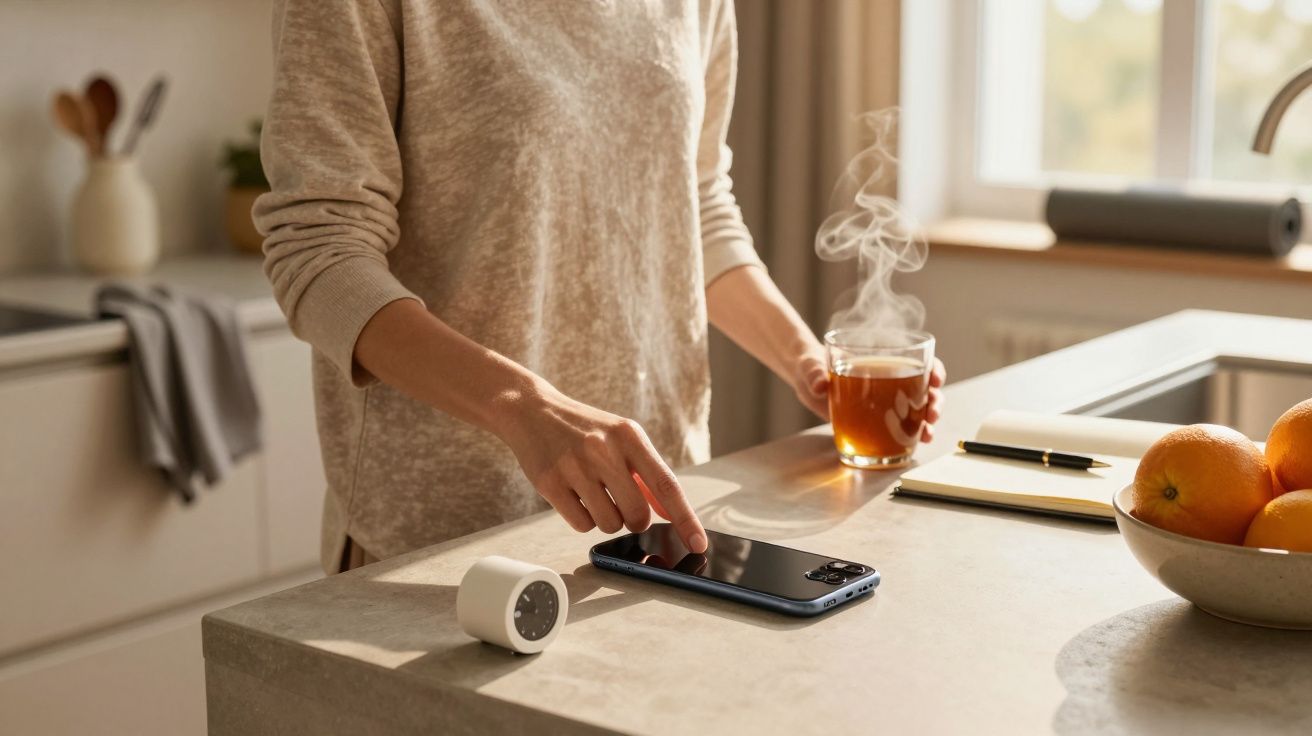 Person using a smartphone in a kitchen, with a steaming mug, a notebook, and a bowl of oranges on the counter.