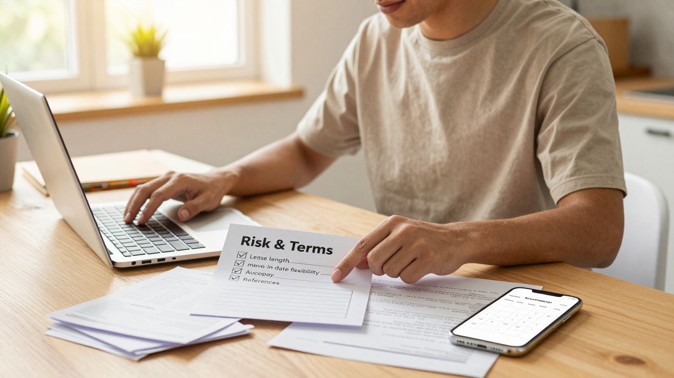 Person reviewing a "Risk & Terms" document at a wooden table, using a laptop and smartphone.