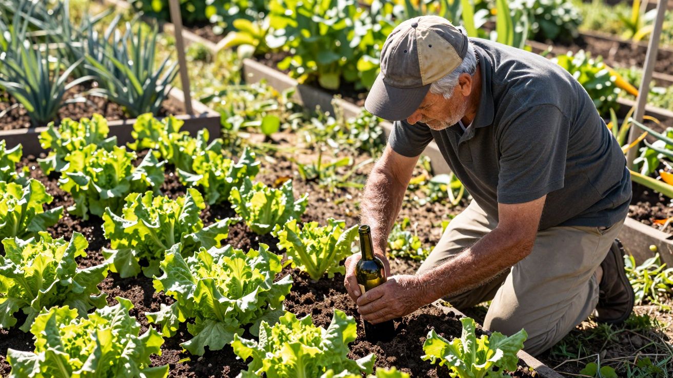 Man kneeling in a garden, tending to lettuce plants, holding a wine bottle.