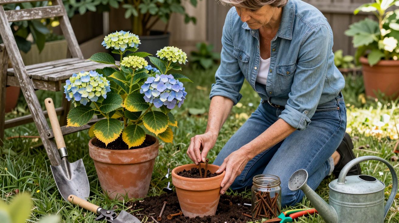 Gardener planting in a terracotta pot, with a blue hydrangea nearby, surrounded by tools on grass.