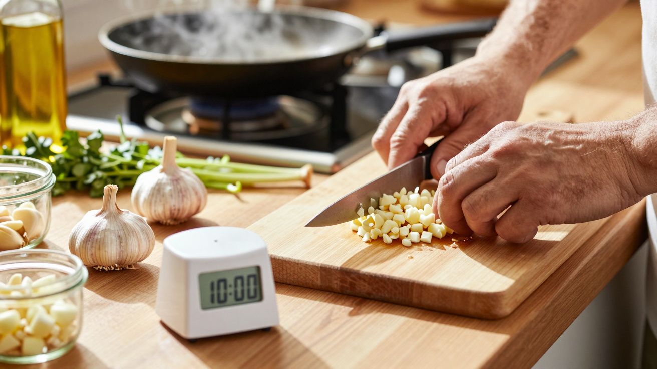 Person chopping vegetables on a wooden board, with a digital timer showing 10:00, garlic, and herbs nearby.