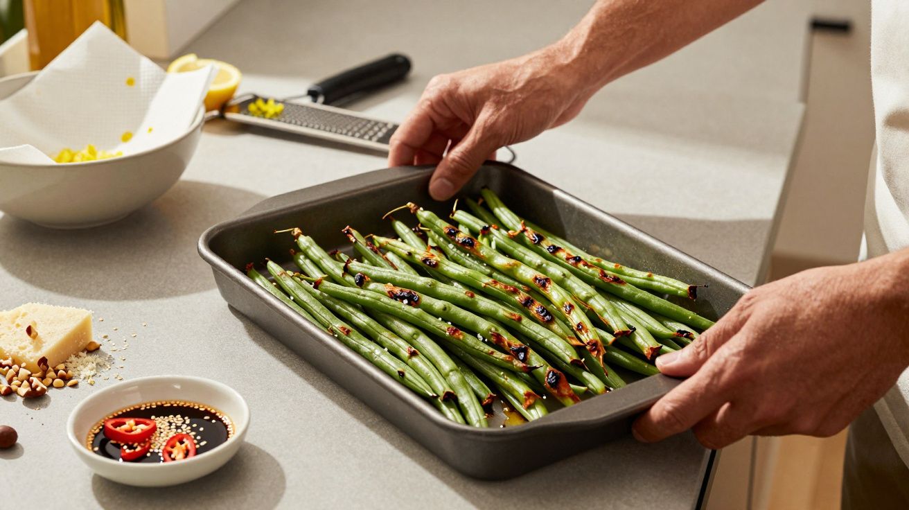 Person holding a tray of roasted green beans, with spices scattered on top, on a kitchen counter with ingredients nearby.
