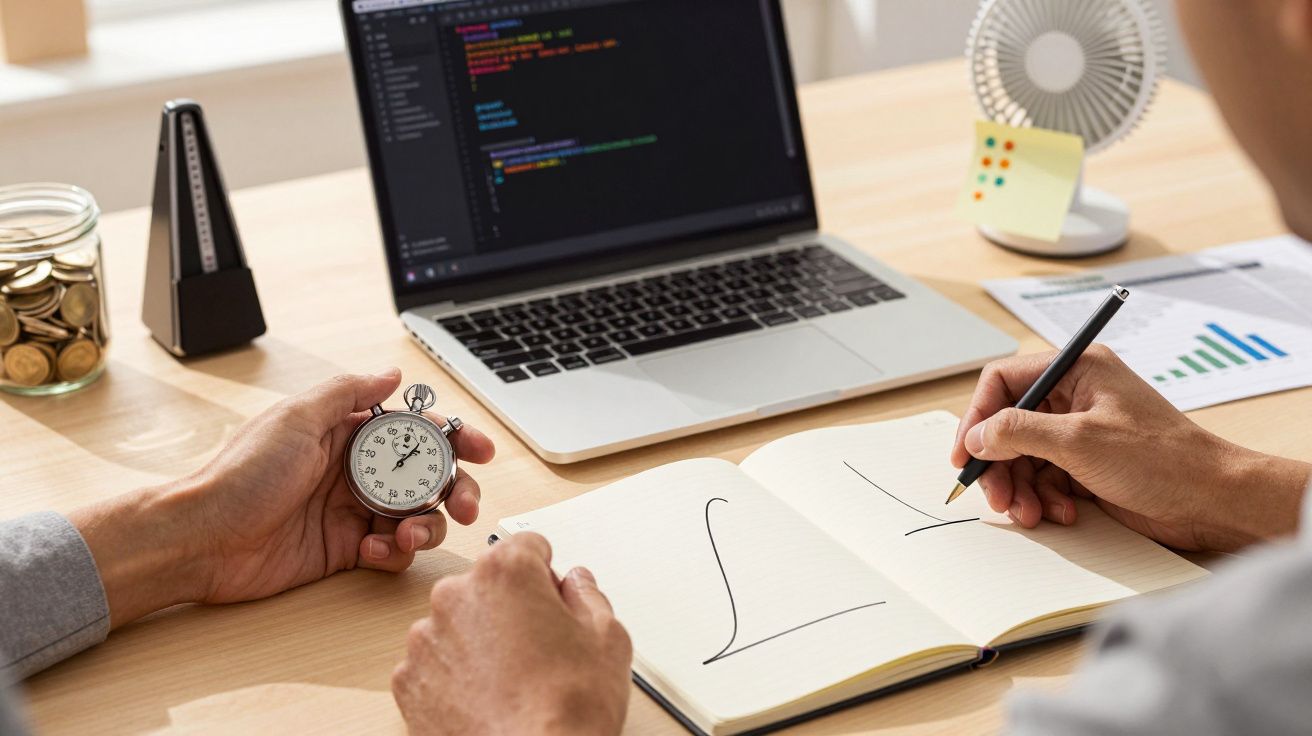 Person holding stopwatch, writing in notebook, laptop displaying code on desk with graphs and timer.