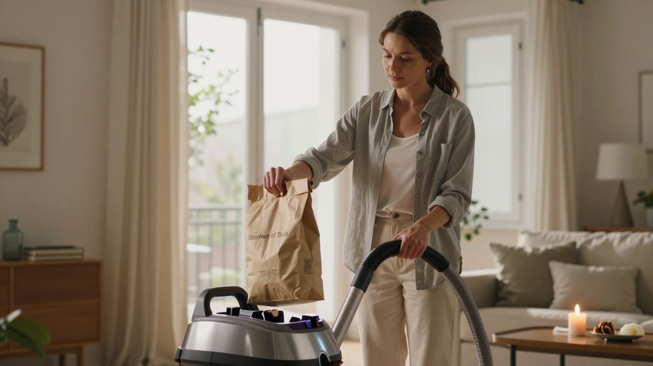 Woman changing vacuum bag in a bright living room with candles and plants.