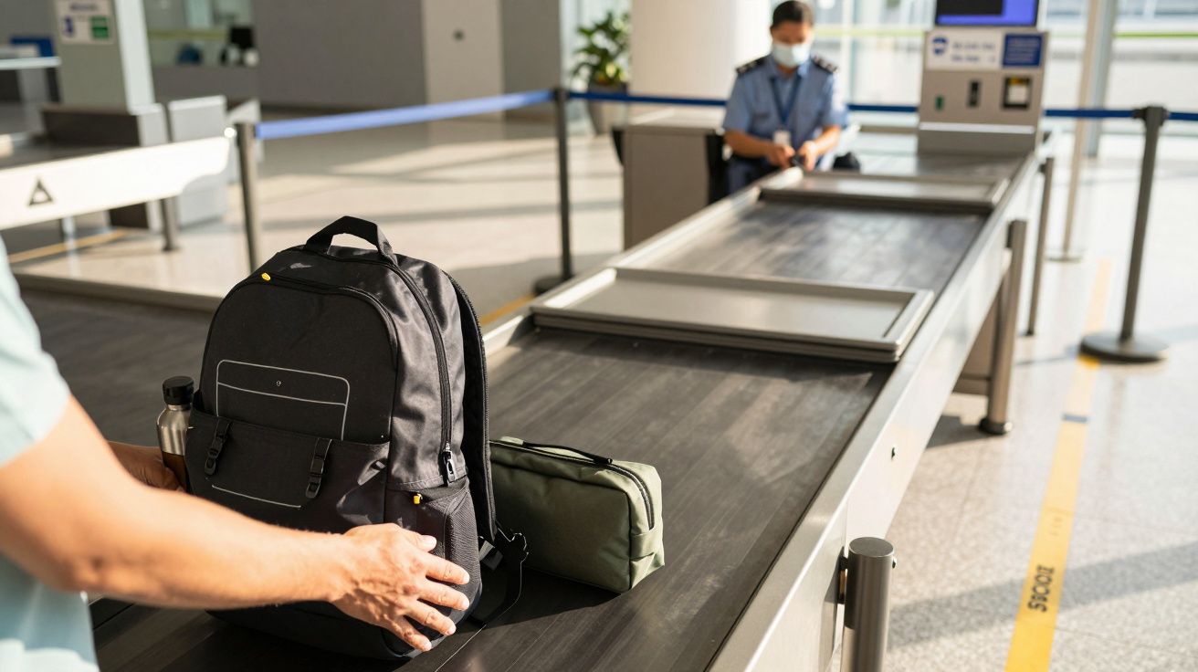 Person places backpack on airport security conveyor belt, officer in the background.