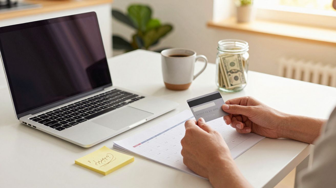 Person at desk with laptop, coffee, cash jar, and calendar, holding a credit card, implying online payment.