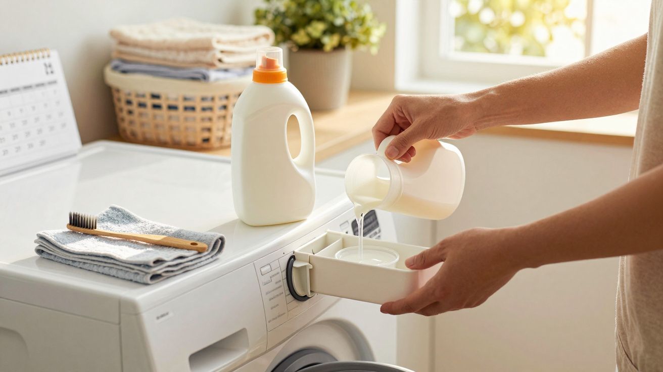 Person pouring detergent into washing machine drawer with bottles and towels nearby.