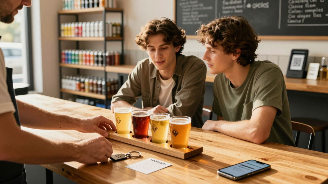 Two people at a bar table with a flight of four beers being served, a menu, and a phone in view.