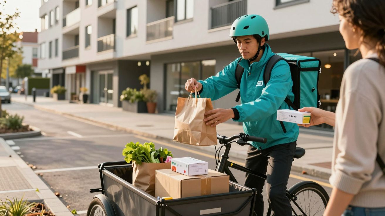 A delivery cyclist hands a package to a customer on a city street, with groceries in a cargo bike basket.