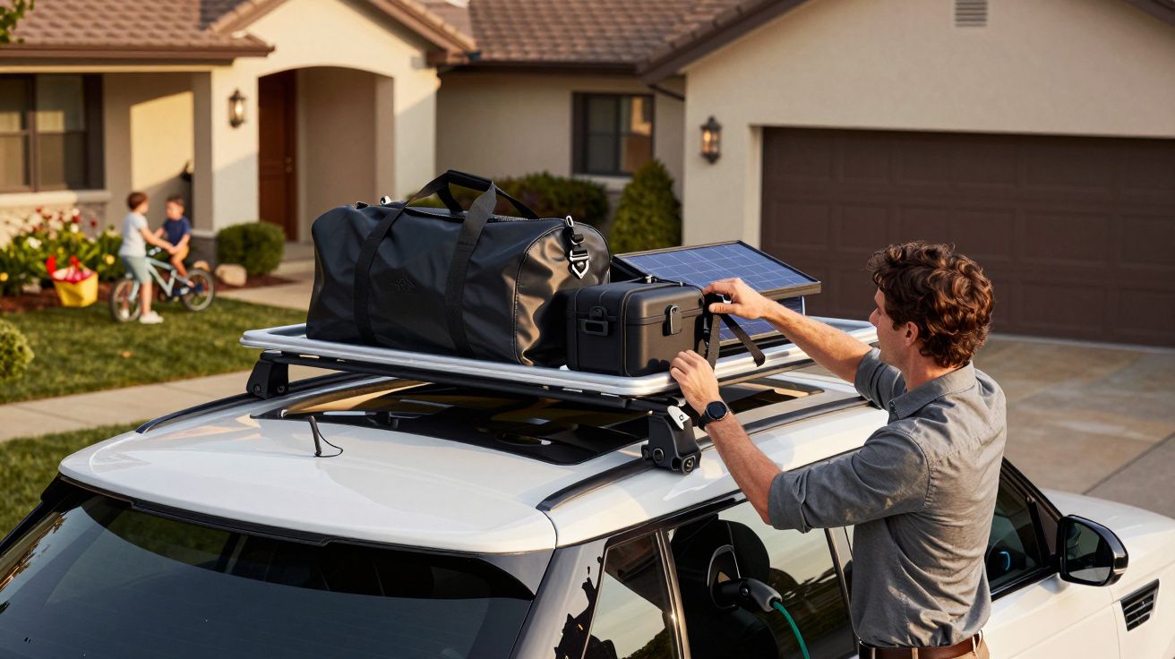 Man loading luggage onto car roof rack with children playing nearby in a suburban neighbourhood.