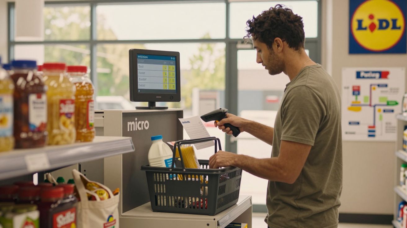 Man scanning groceries at a self-checkout in a supermarket.