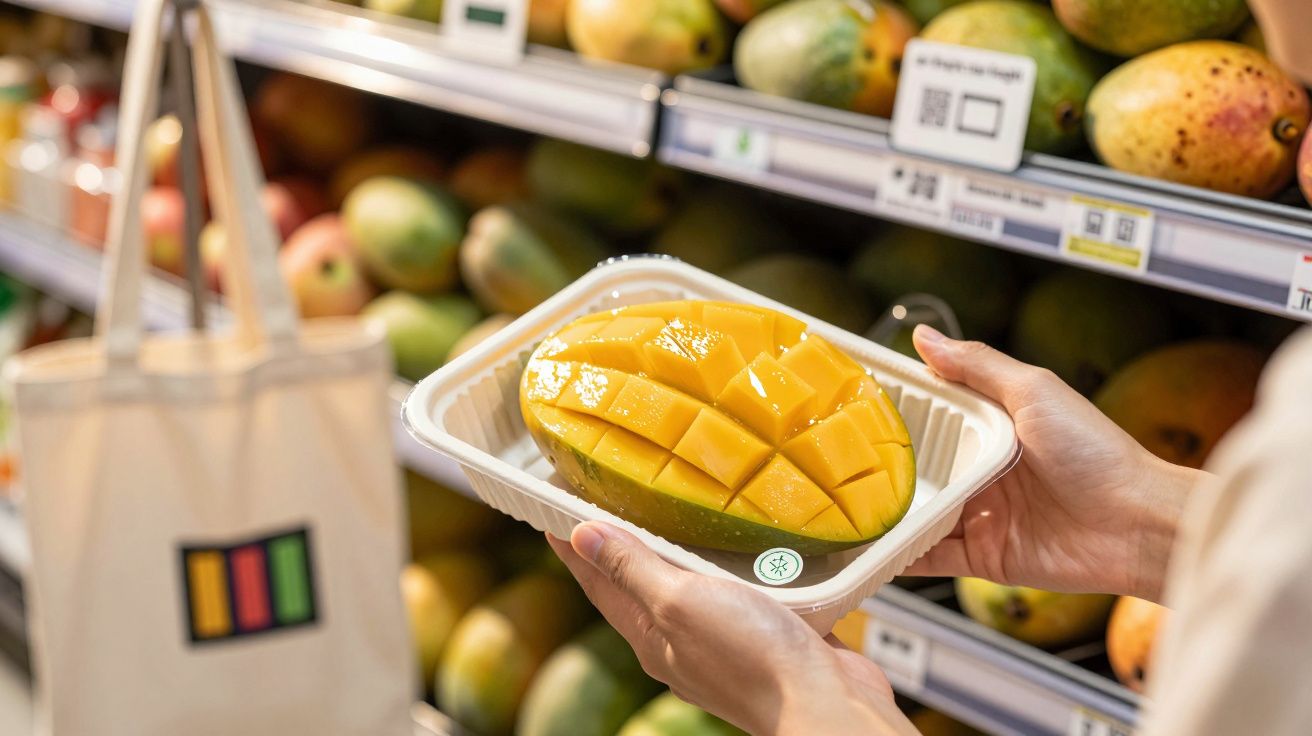 Person holding a packaged, sliced mango in a supermarket produce aisle.