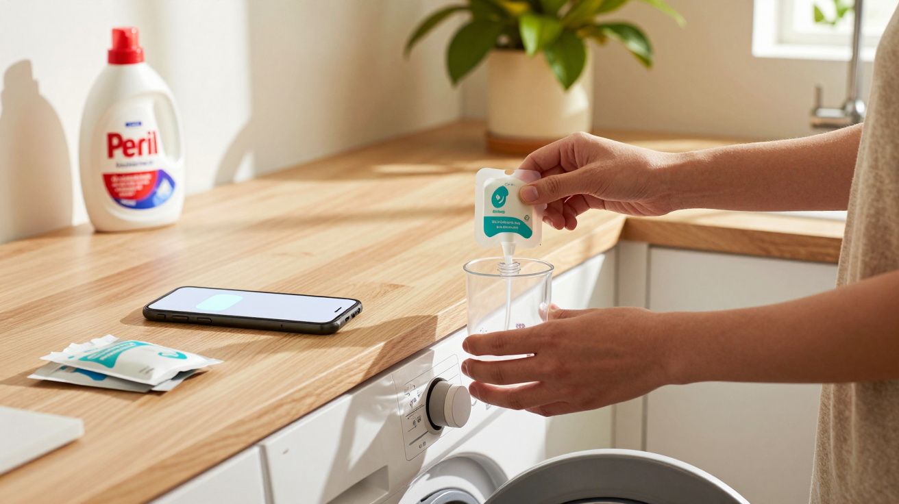 Person pouring contents of a packet into a cup on a washing machine, with laundry detergent and phone nearby.