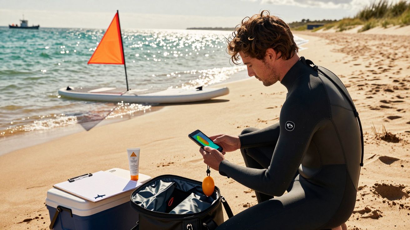 Man in wetsuit on beach with phone, alongside surfboard, cooler, and gear, under clear skies.