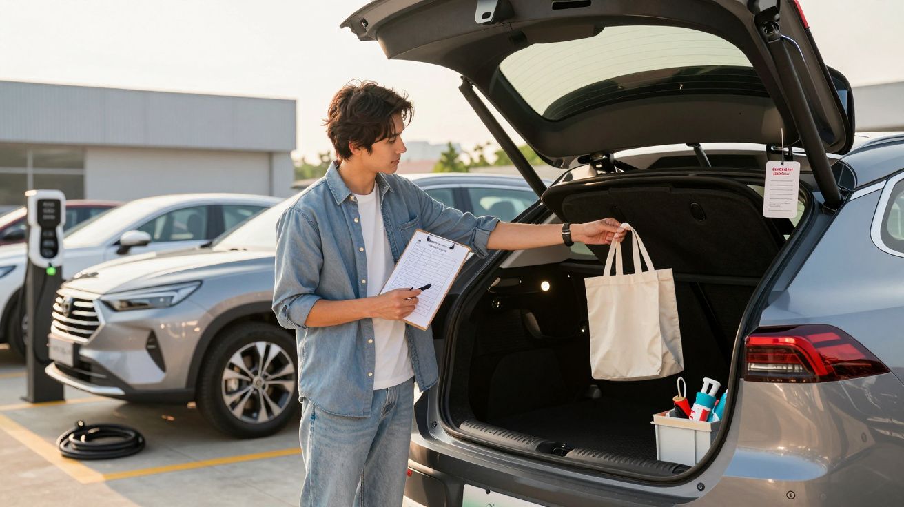 Man placing a bag in car boot with clipboard, electric charging cable on ground nearby.