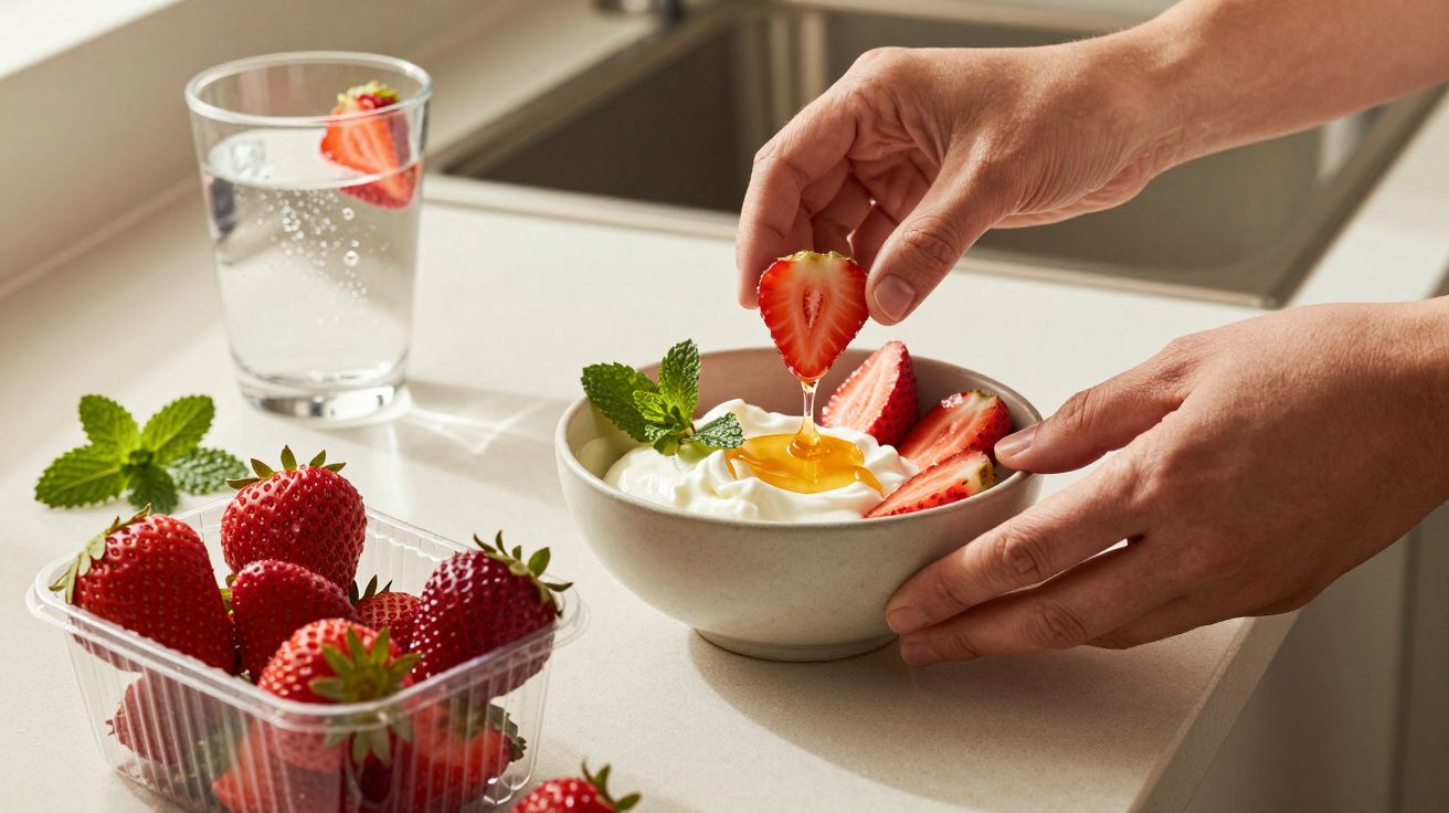 Hands placing a strawberry in a bowl of yoghurt topped with honey and mint, next to strawberries and a glass.