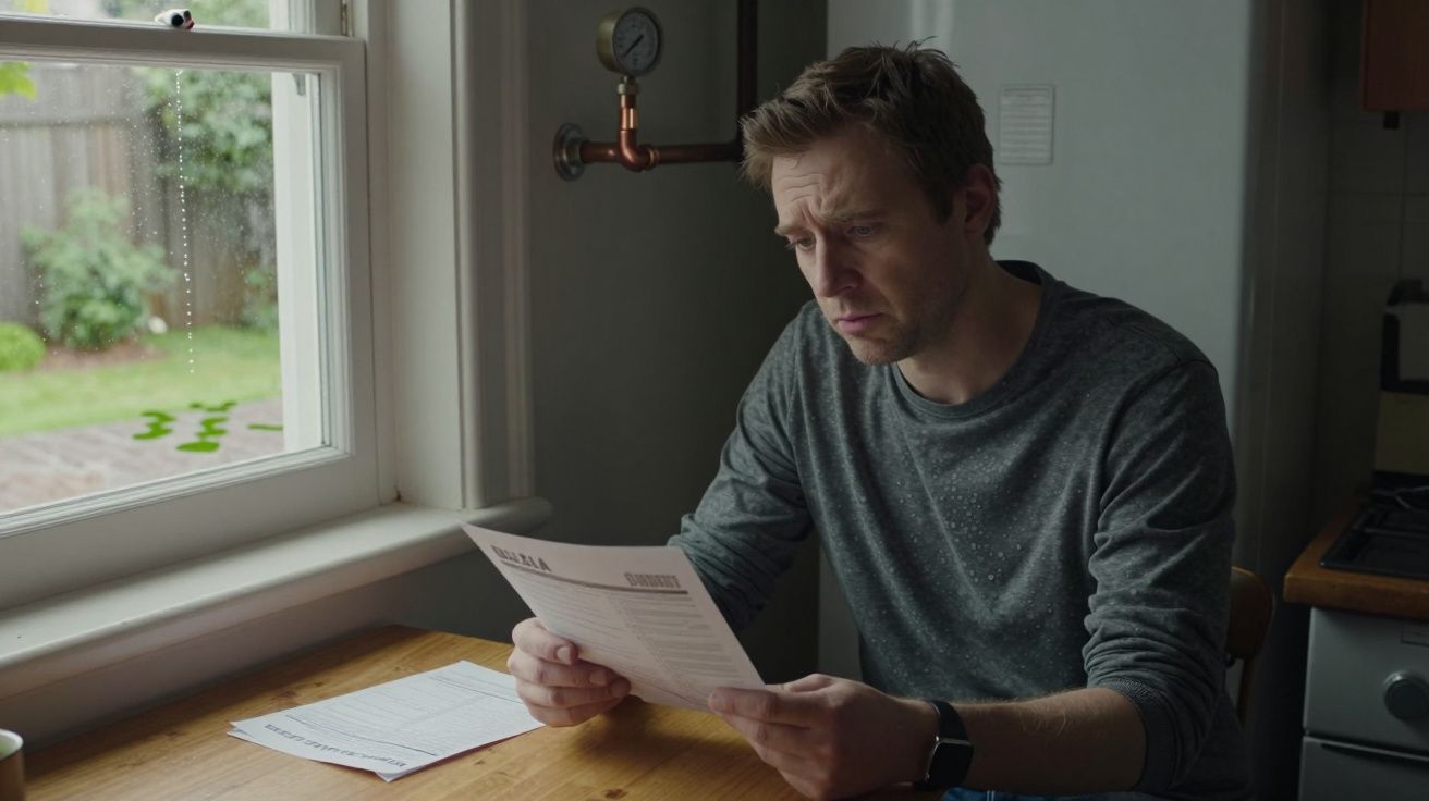Man sitting at a kitchen table, reading a letter with a concerned expression by a window.