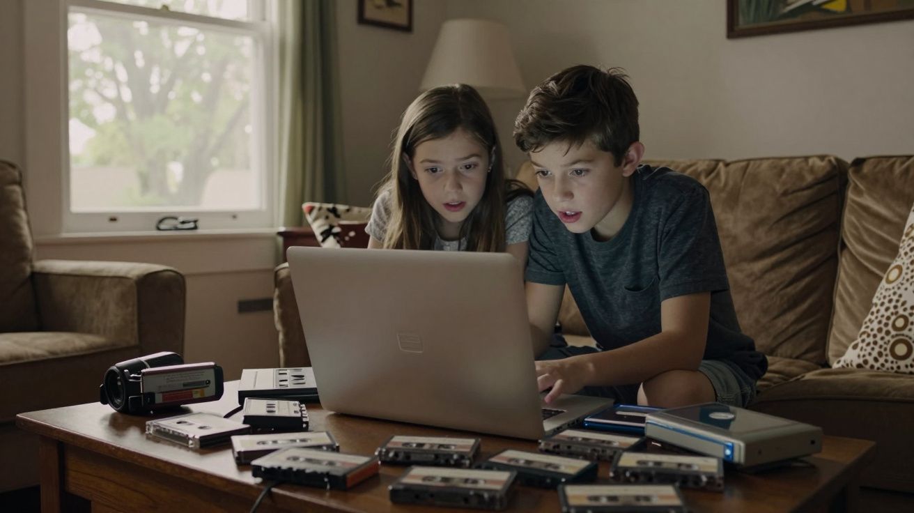Two children intently look at a laptop on a table filled with cassette tapes and a cassette player, in a cosy living room.