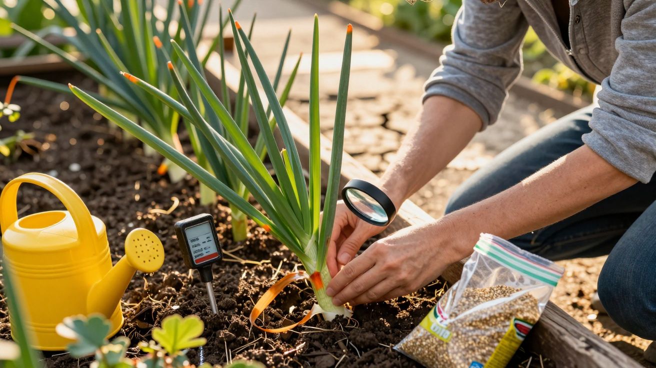 Person examining plant in garden bed with magnifying glass, next to yellow watering can and soil thermometer.
