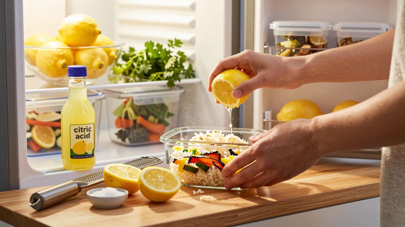 Person squeezing lemon over rice and vegetables dish, next to lemon bottle and sliced lemon on a wooden surface.