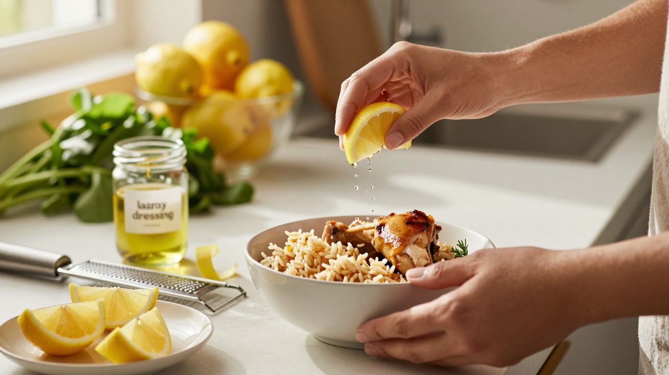 Squeezing lemon over a bowl of rice and chicken on a kitchen counter with fresh greens and a jar of dressing nearby.