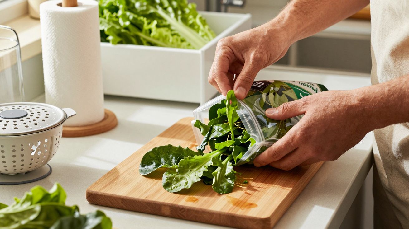 Person placing fresh leafy greens on a wooden cutting board in a bright kitchen.