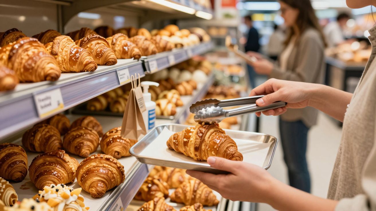 Person selecting a croissant with tongs in a bakery, shelves filled with pastries in background.