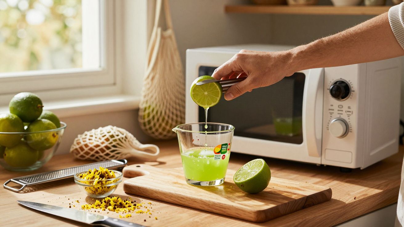 Squeezing lime juice into a measuring glass on a wooden kitchen counter near a microwave and lime zest.